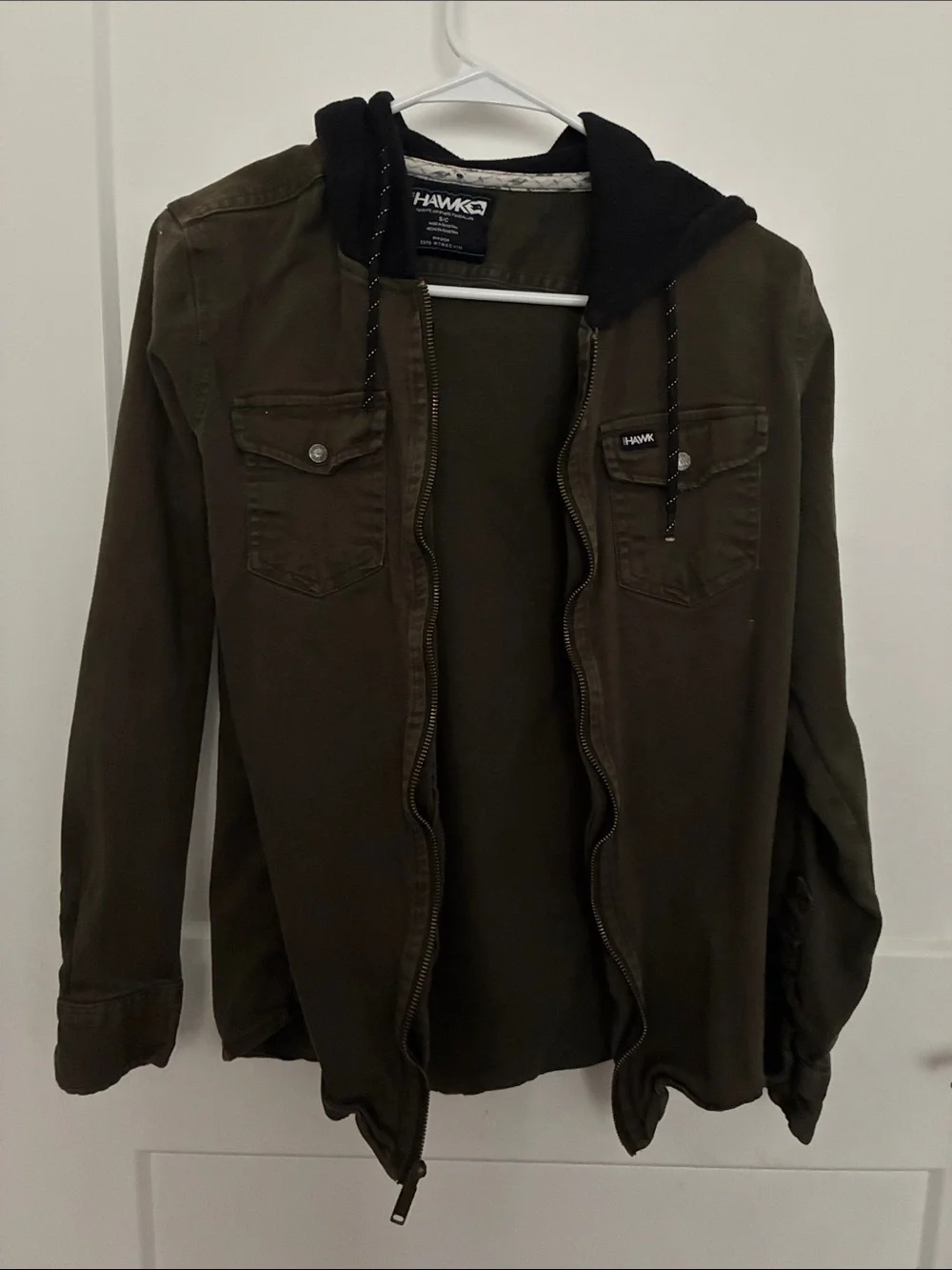 Tony Hawk Men's Olive Hooded Shirt Jacket with Black Lined Hood